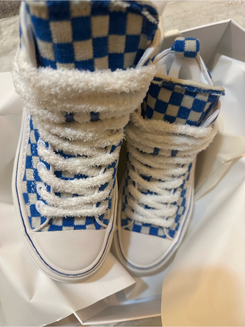Blue Check High-Top Sneakers with White Sherpa Laces - Unbranded